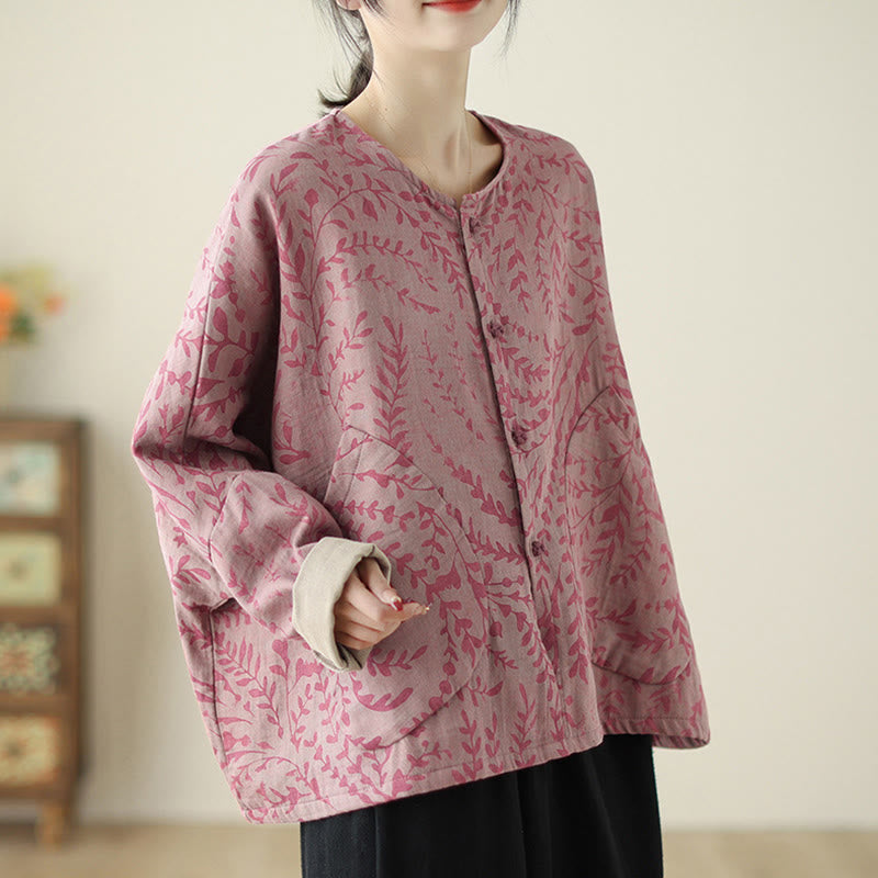 Buddha Stones Leaf Print Women's Cotton Linen Jacket With Pockets - image 10