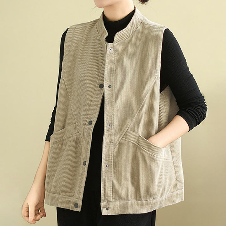 Buddha Stones Plain Sleeveless Women's Cotton Vest Corduroy Waistcoat With Pockets - image 5