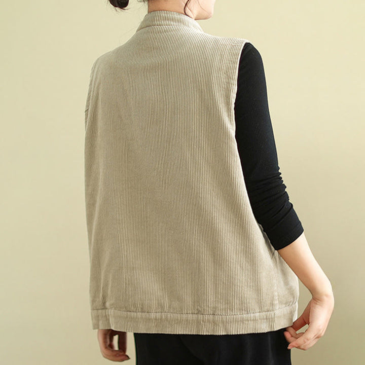 Buddha Stones Plain Sleeveless Women's Cotton Vest Corduroy Waistcoat With Pockets - image 4