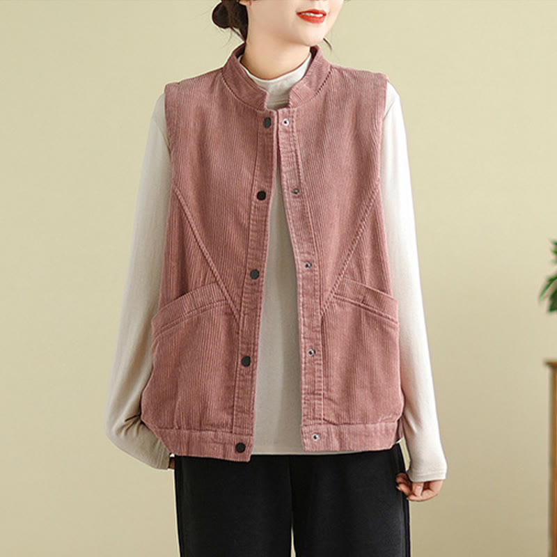 Buddha Stones Plain Sleeveless Women's Cotton Vest Corduroy Waistcoat With Pockets - image 13