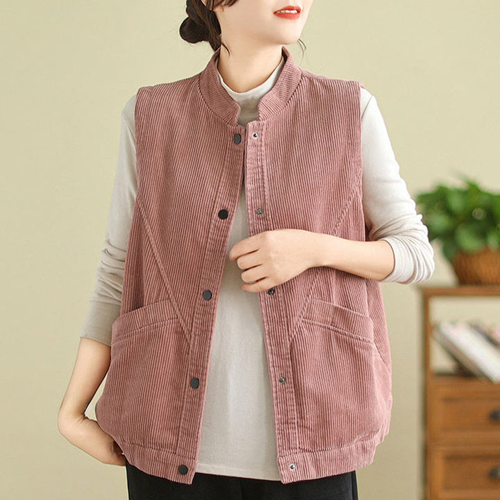 Buddha Stones Plain Sleeveless Women's Cotton Vest Corduroy Waistcoat With Pockets - image 10