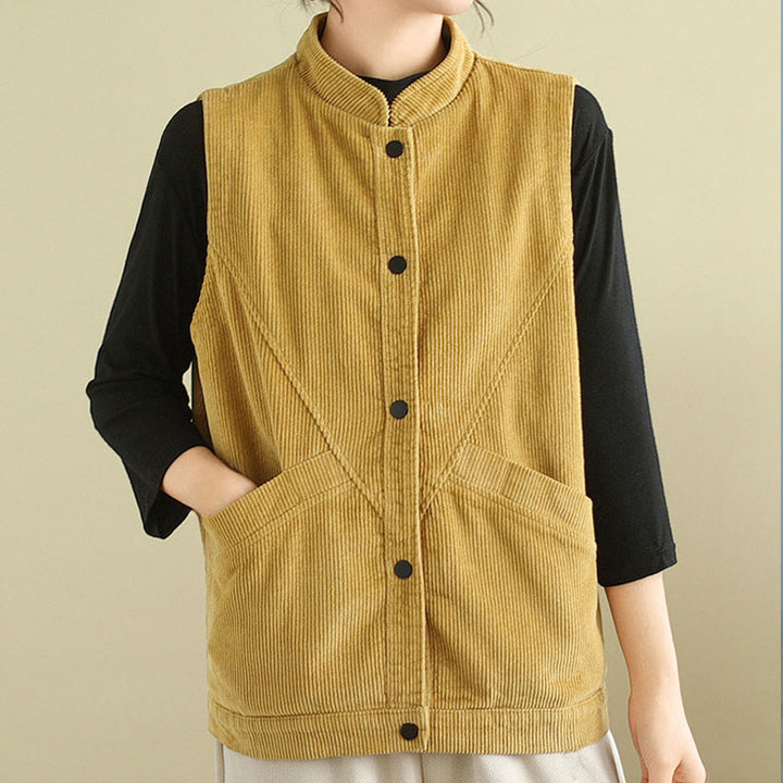 Buddha Stones Plain Sleeveless Women's Cotton Vest Corduroy Waistcoat With Pockets - image 16