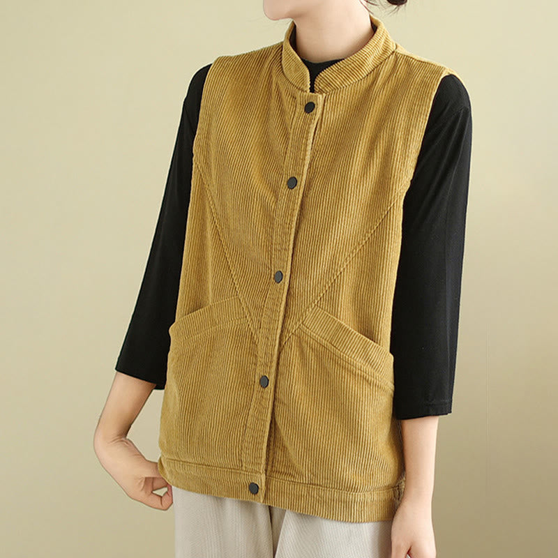 Buddha Stones Plain Sleeveless Women's Cotton Vest Corduroy Waistcoat With Pockets - image 18