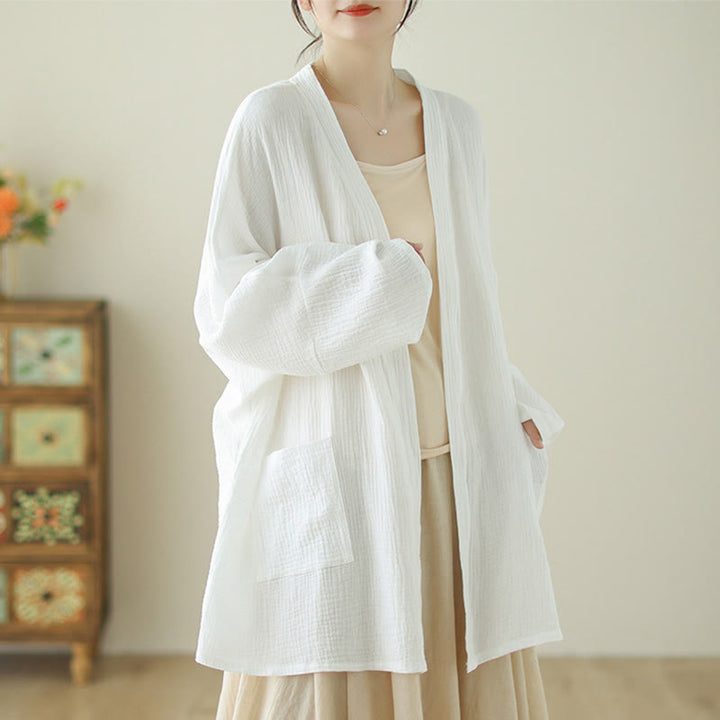 Buddha Stones Plain Long Sleeve Zen Meditation Cotton Linen Jacket With Pockets - image 11
