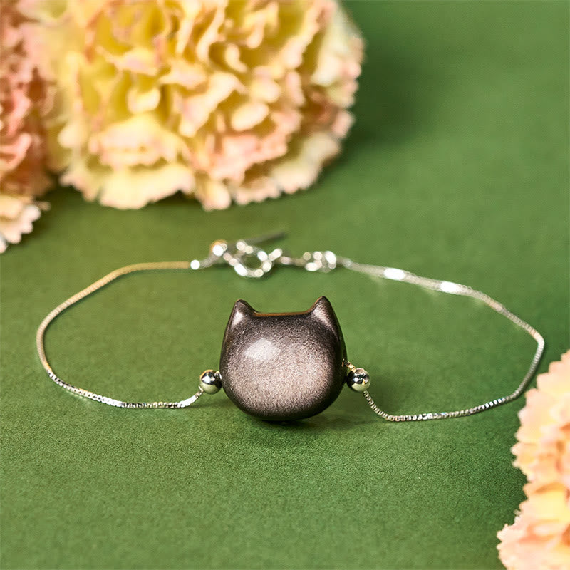 Buddha Stones 925 Sterling Silver Silver Sheen Obsidian Gold Sheen Obsidian Cat Soothing Bracelet - Silver Sheen Obsidian - 17-22cm - image 0