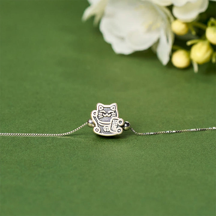 Buddha Stones 999 Sterling Silver Fortune Cat Protection 925 Sterling Silver Chain Necklace Pendant - image 1