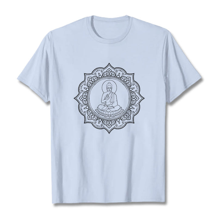 Buddha Stones Buddha Meditating In Lotus Position Pattern Tee T-shirt - LightCyan - 2XL - image 19