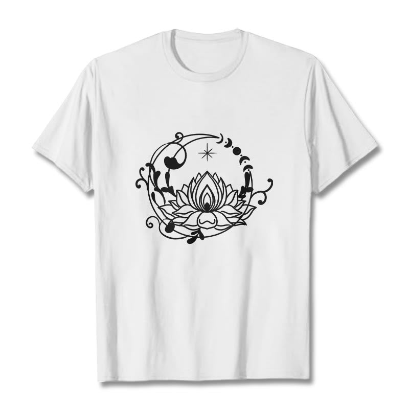 Buddha Stones Simple Design Lotus Flower Moon Flowing Vines Pattern Cotton Tee T-shirt - White - 2XL - image 1