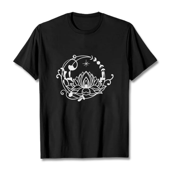 Buddha Stones Simple Design Lotus Flower Moon Flowing Vines Pattern Cotton Tee T-shirt - Black - 2XL - image 5