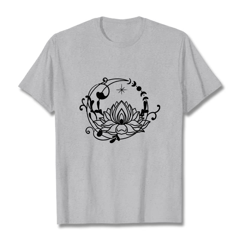 Buddha Stones Simple Design Lotus Flower Moon Flowing Vines Pattern Cotton Tee T-shirt - LightGrey - 2XL - image 20
