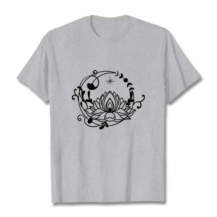 Buddha Stones Simple Design Lotus Flower Moon Flowing Vines Pattern Cotton Tee T-shirt - LightGrey - 2XL - image 20