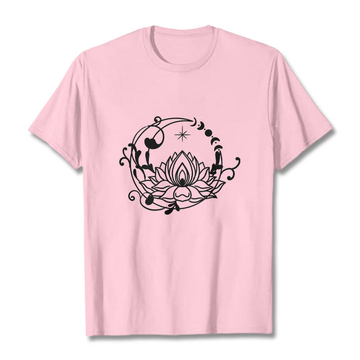 Buddha Stones Simple Design Lotus Flower Moon Flowing Vines Pattern Cotton Tee T-shirt - LightPink - 2XL - image 13