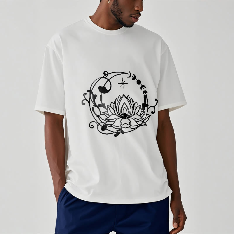 Buddha Stones Simple Design Lotus Flower Moon Flowing Vines Pattern Cotton Tee T-shirt - image 2