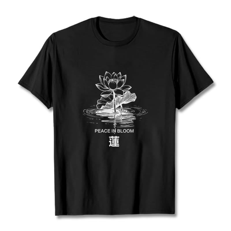 Buddha Stones Lotus Flower Lotus Leaf Ripple Pattern Tee Cotton T-shirt - Black - 2XL - image 1