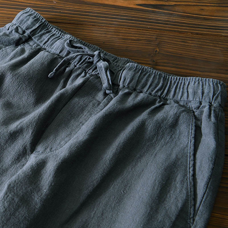 Buddha Stones Casual Solid Color Simple Design Drawstring Ramie Linen Men's Pants With Pockets - image 11