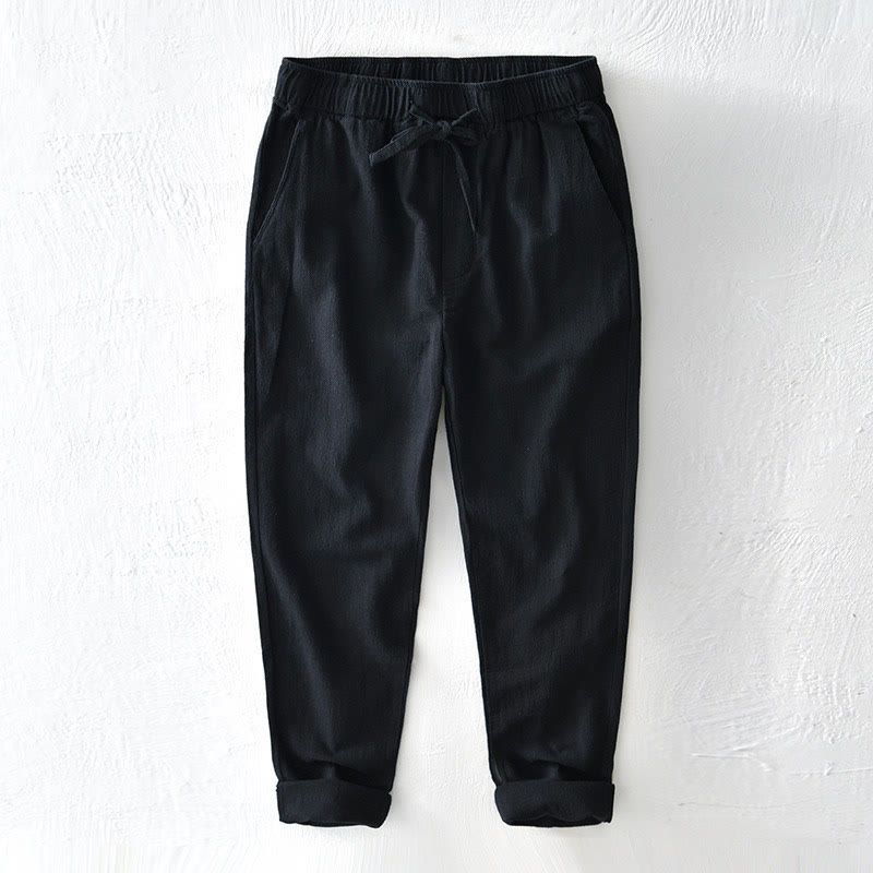 Buddha Stones Casual Solid Color Simple Design Drawstring Ramie Linen Men's Pants With Pockets - Black - US/UK/AU44,EU54 (4XL) - image 13