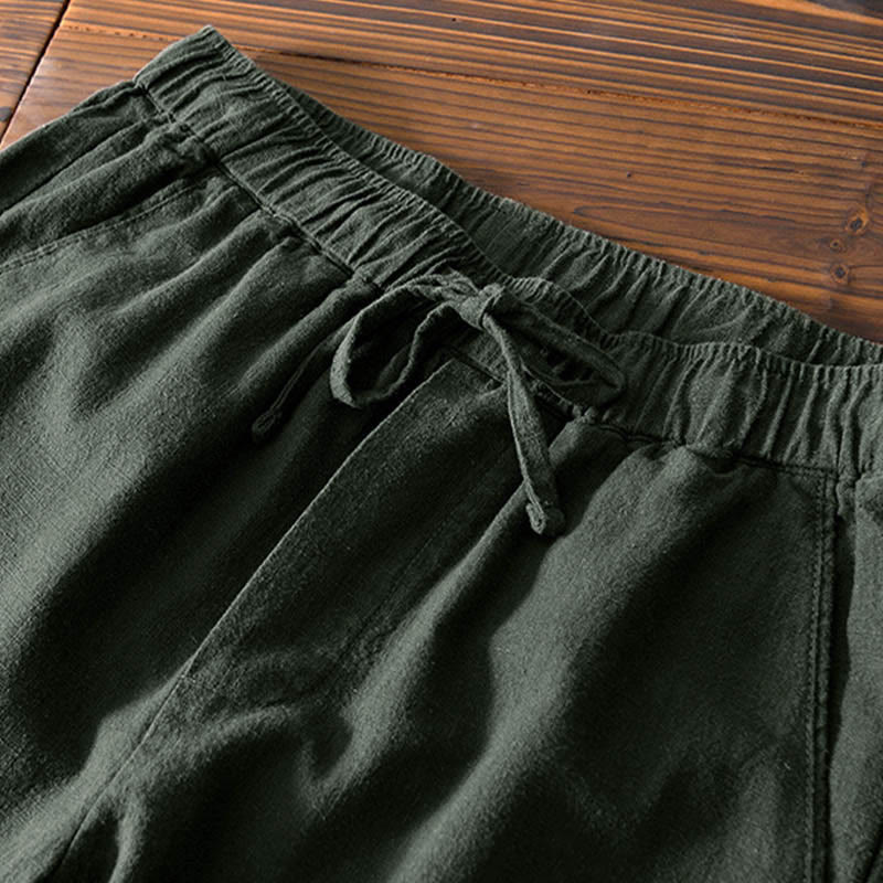 Buddha Stones Casual Solid Color Simple Design Drawstring Ramie Linen Men's Pants With Pockets - image 23