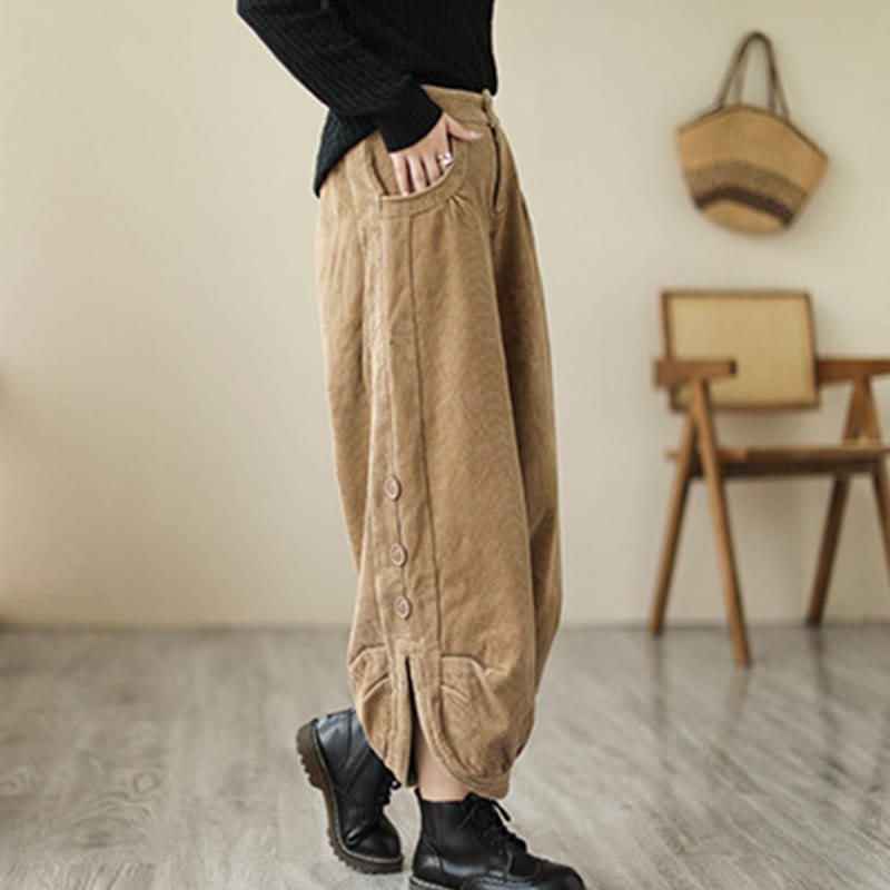 Buddha Stones Casual Buttons Leg Opening Design Women's Cotton Corduroy Pants With Pockets - image 4