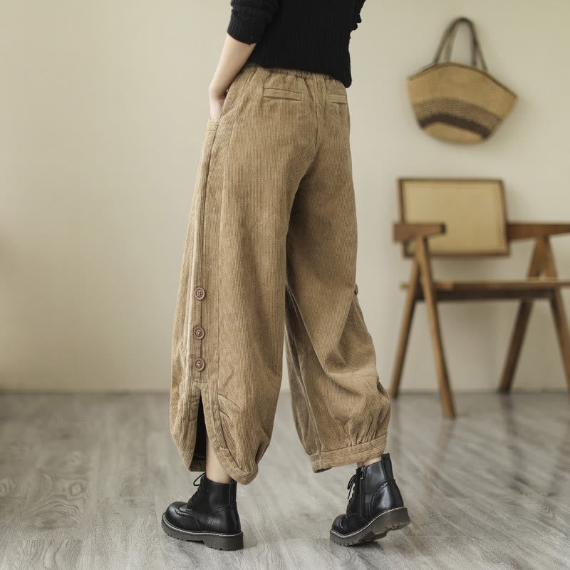 Buddha Stones Casual Buttons Leg Opening Design Women's Cotton Corduroy Pants With Pockets - image 3