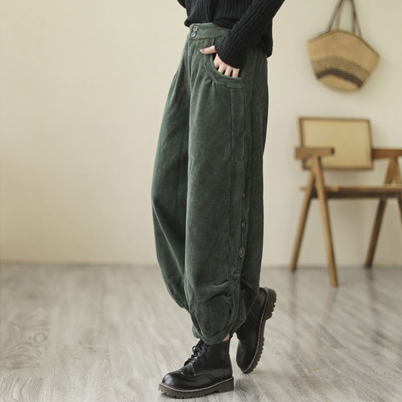 Buddha Stones Casual Buttons Leg Opening Design Women's Cotton Corduroy Pants With Pockets - image 15