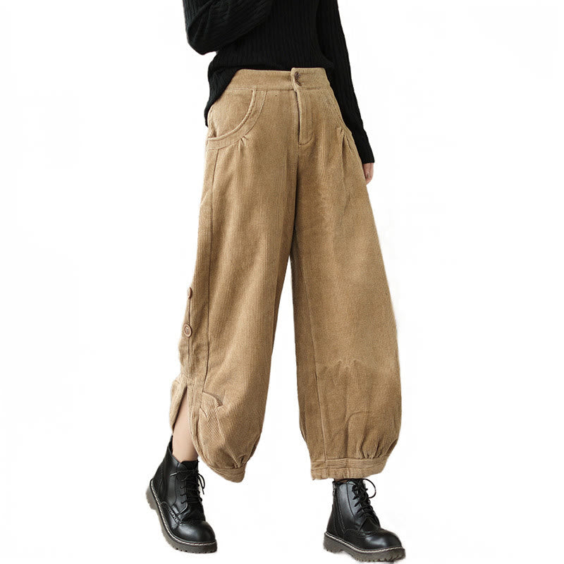 Buddha Stones Casual Buttons Leg Opening Design Women's Cotton Corduroy Pants With Pockets - image 9
