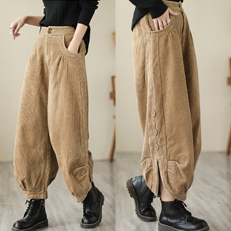 Buddha Stones Casual Buttons Leg Opening Design Women's Cotton Corduroy Pants With Pockets - image 5
