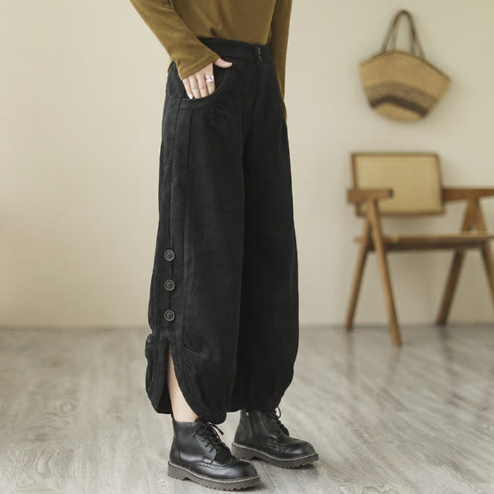 Buddha Stones Casual Buttons Leg Opening Design Women's Cotton Corduroy Pants With Pockets - image 13