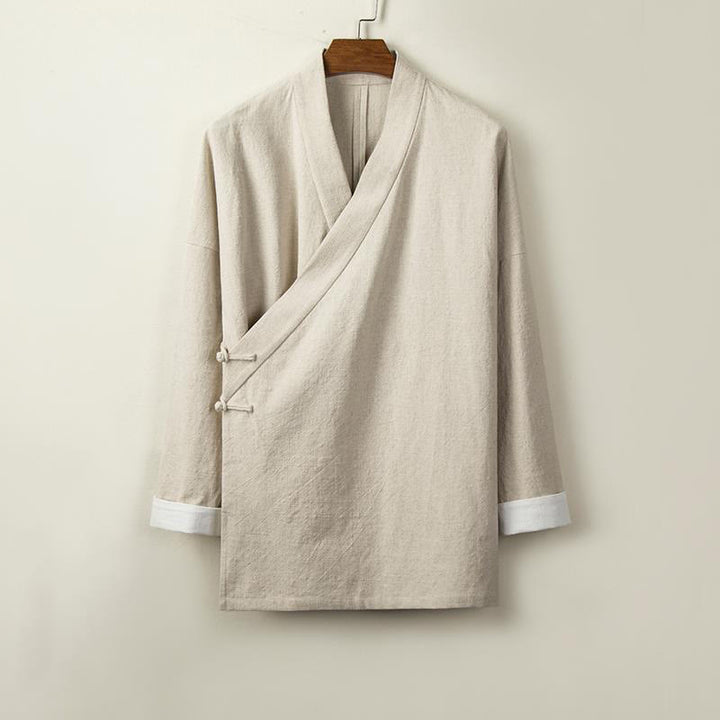 Buddha Stones Chinese Frog-Buttons Long Sleeve Design Open Front Jacket Men's Cotton Linen Kimono - Beige - US/UK/AU44,EU54 (4XL) - image 1