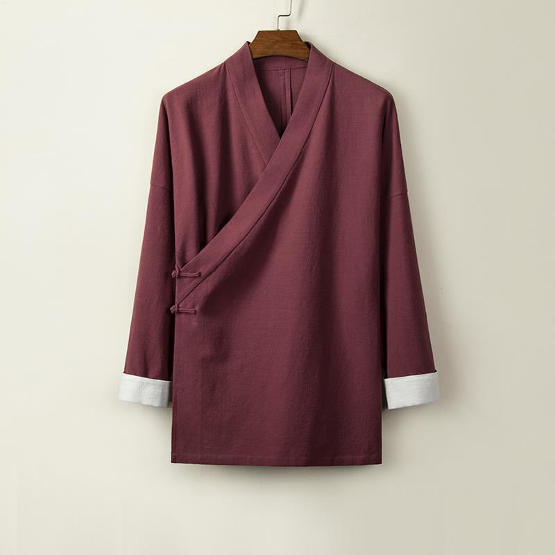 Buddha Stones Chinese Frog-Buttons Long Sleeve Design Open Front Jacket Men's Cotton Linen Kimono - DarkRed - US/UK/AU44,EU54 (4XL) - image 5