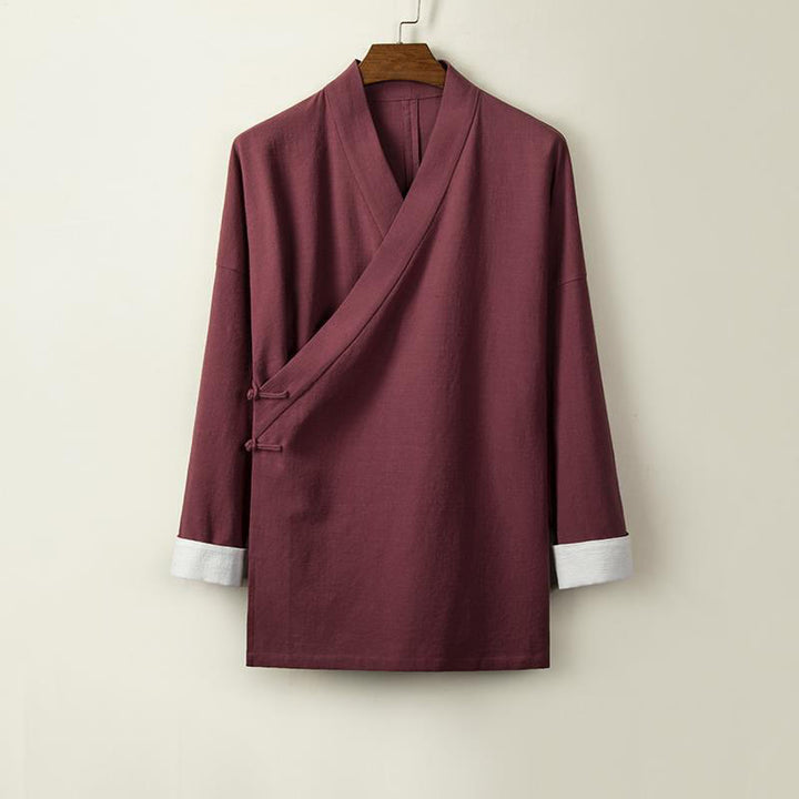 Buddha Stones Chinese Frog-Buttons Long Sleeve Design Open Front Jacket Men's Cotton Linen Kimono - DarkRed - US/UK/AU44,EU54 (4XL) - image 5