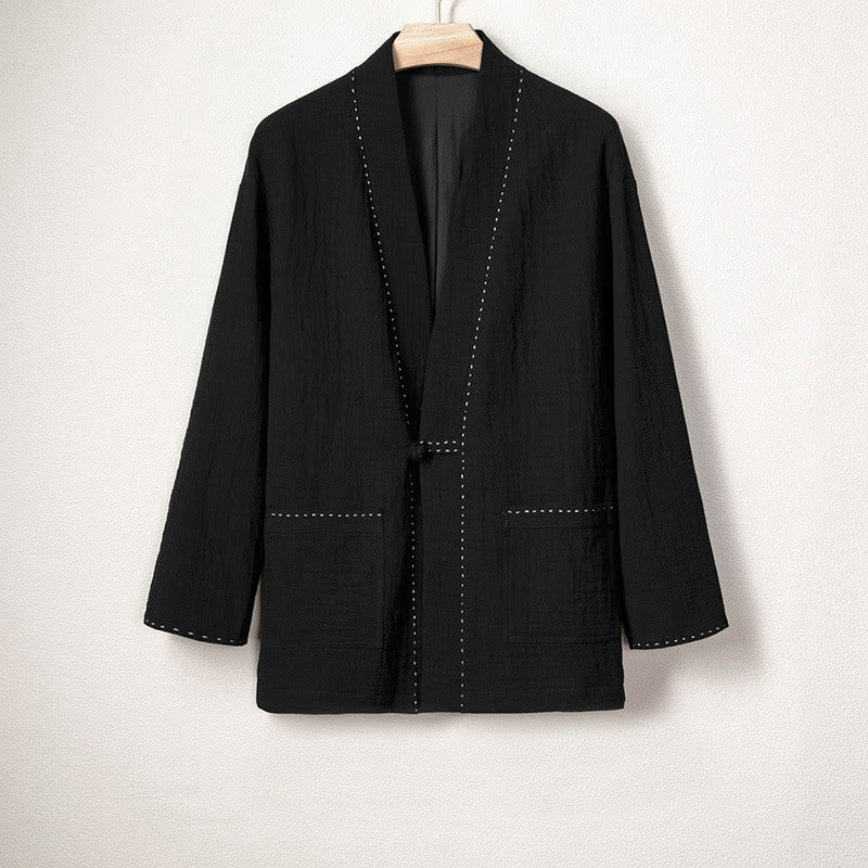 Buddha Stones Men's Plain Pleats Frog-Button Open Front Jacket Cotton Linen Long Sleeve Kimono - Black - US/UK/AU48,EU58 (4XL) - image 7