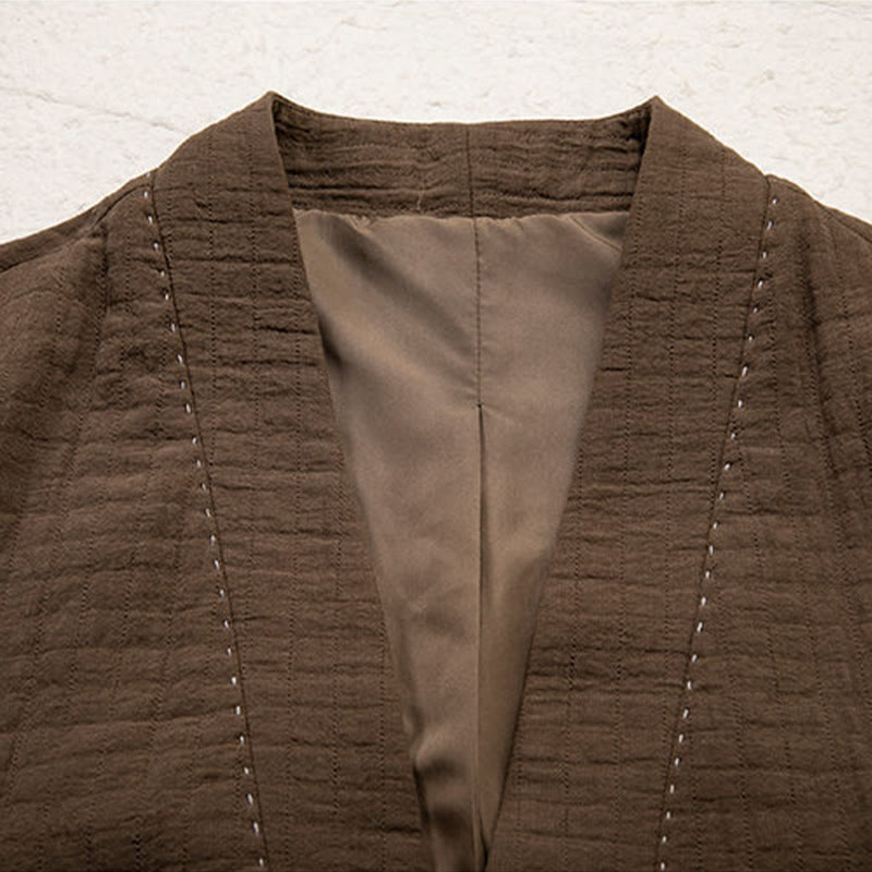 Buddha Stones Men's Plain Pleats Frog-Button Open Front Jacket Cotton Linen Long Sleeve Kimono - image 3