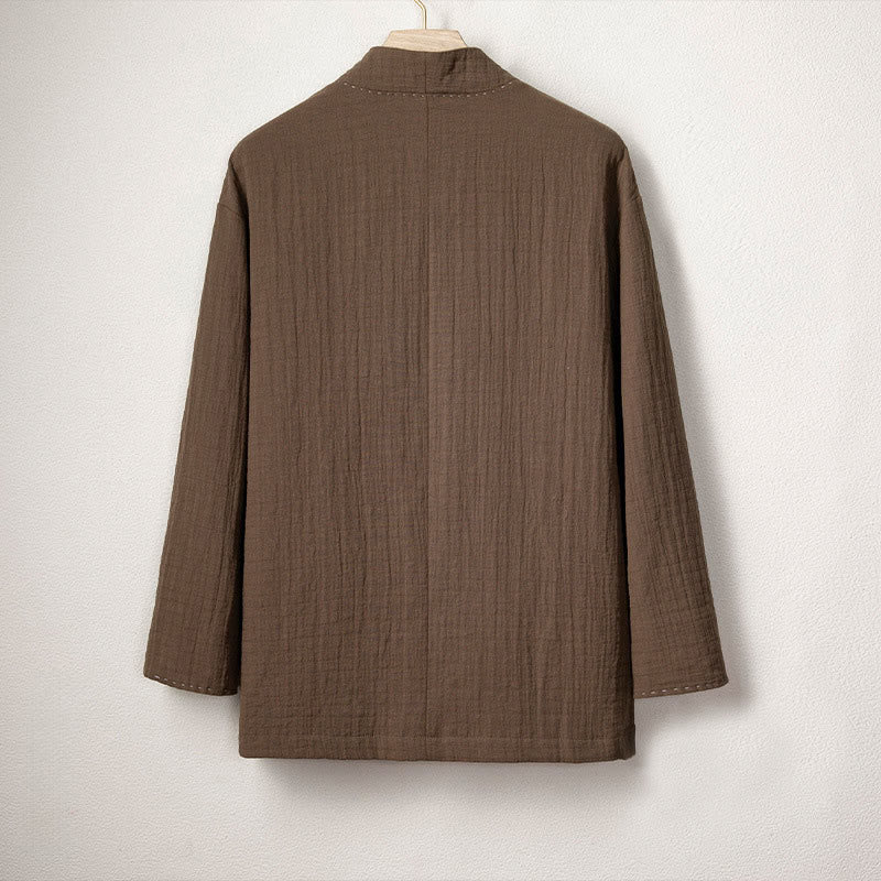 Buddha Stones Men's Plain Pleats Frog-Button Open Front Jacket Cotton Linen Long Sleeve Kimono - image 2