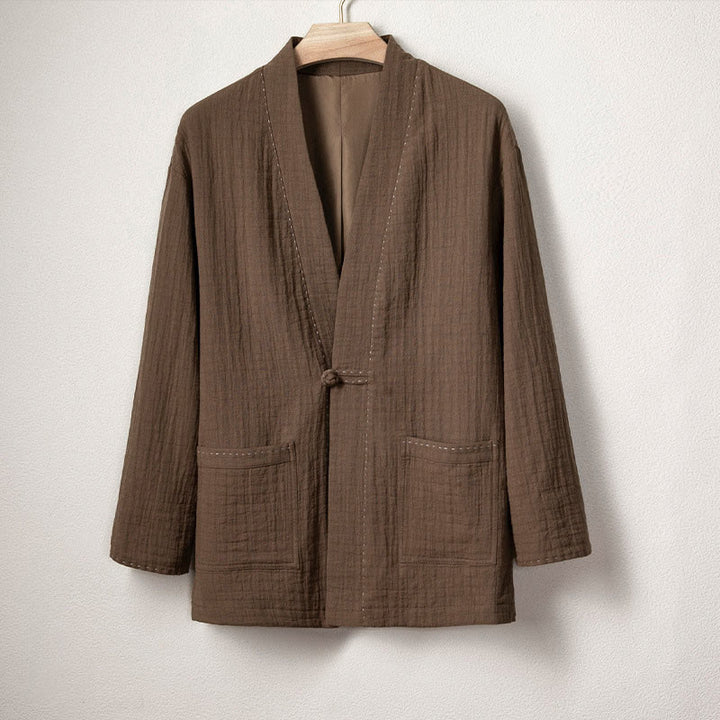 Buddha Stones Men's Plain Pleats Frog-Button Open Front Jacket Cotton Linen Long Sleeve Kimono - SaddleBrown - US/UK/AU48,EU58 (4XL) - image 1