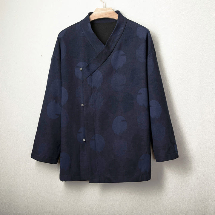 Buddha Stones Jacquard Button Men's Cotton Linen Long Sleeve Fleece-Lined Jacket Shirt - MidnightBlue - US/UK/AU46,EU56 (4XL) - image 0