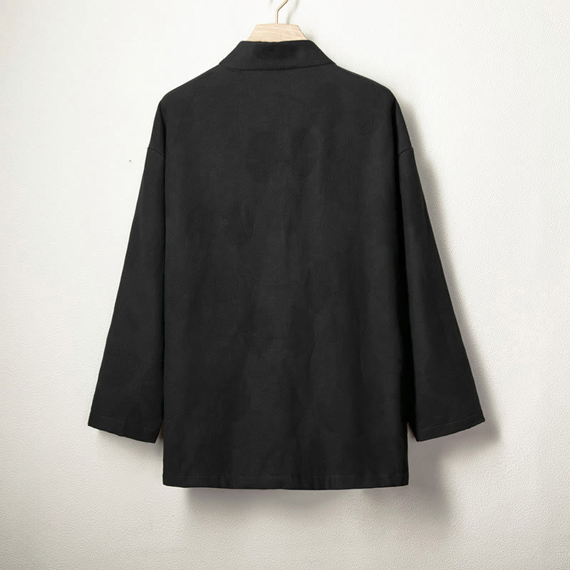 Buddha Stones Jacquard Button Men's Cotton Linen Long Sleeve Fleece-Lined Jacket Shirt - image 6