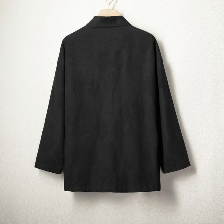 Buddha Stones Jacquard Button Men's Cotton Linen Long Sleeve Fleece-Lined Jacket Shirt - image 6