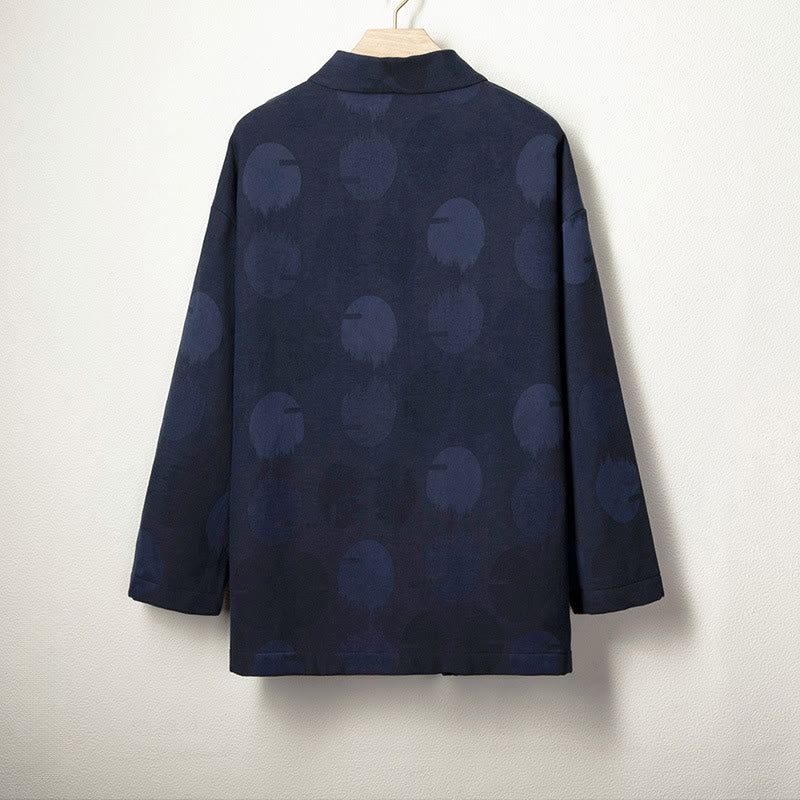 Buddha Stones Jacquard Button Men's Cotton Linen Long Sleeve Fleece-Lined Jacket Shirt - image 1