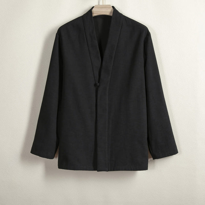 Buddha Stones Men's Long Sleeve Frog-Button Open Front Fleece-Lined Cotton Linen Jacket Kimono - Black - US/UK/AU44,EU54 (4XL) - image 10