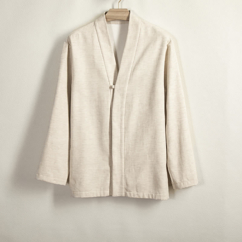 Buddha Stones Men's Long Sleeve Frog-Button Open Front Fleece-Lined Cotton Linen Jacket Kimono - Beige - US/UK/AU44,EU54 (4XL) - image 8