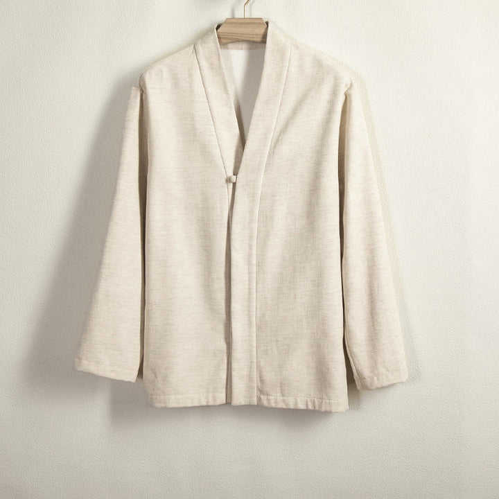 Buddha Stones Men's Long Sleeve Frog-Button Open Front Fleece-Lined Cotton Linen Jacket Kimono - Beige - US/UK/AU44,EU54 (4XL) - image 8