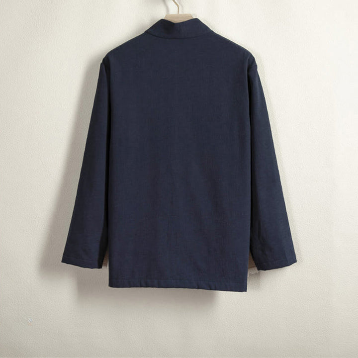 Buddha Stones Men's Long Sleeve Frog-Button Open Front Fleece-Lined Cotton Linen Jacket Kimono - image 2