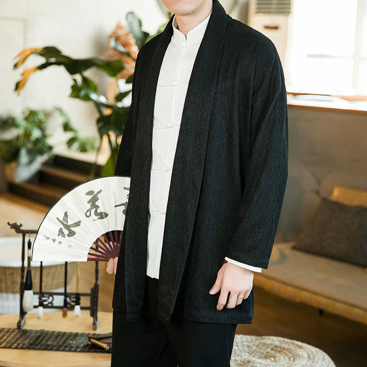 Buddha Stones Spring Pure Color Open Front Cotton Linen Men's Long Sleeve Jacket Kimono - Black - US/UK/AU46,EU56 (5XL) - image 1