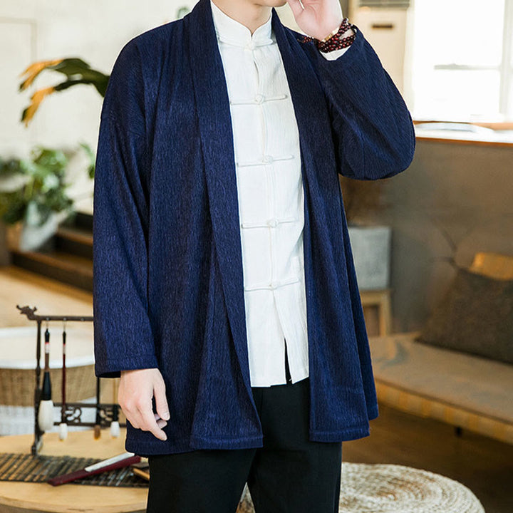 Buddha Stones Spring Pure Color Open Front Cotton Linen Men's Long Sleeve Jacket Kimono - image 16