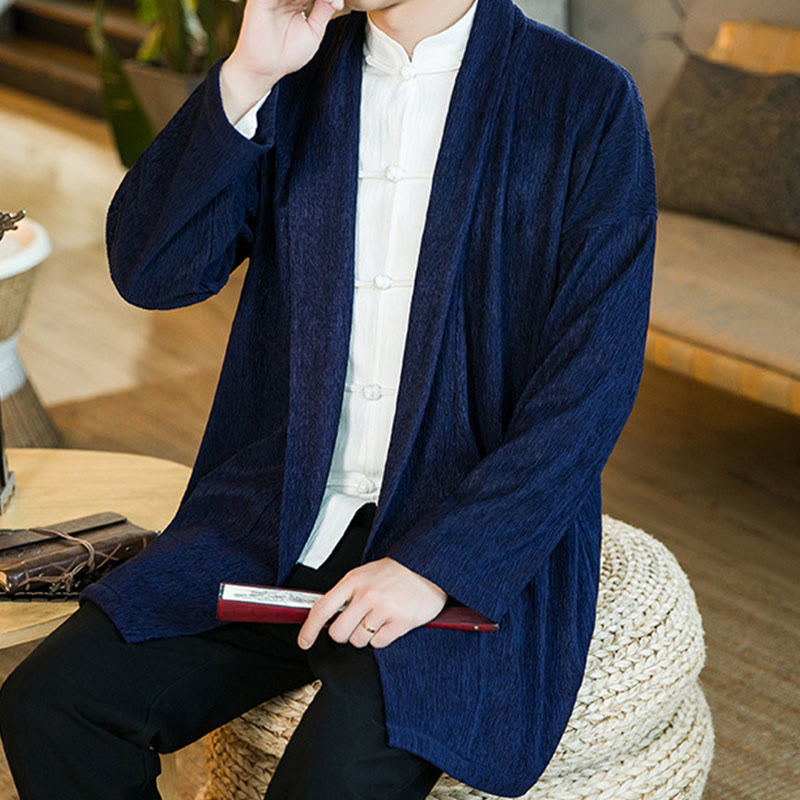 Buddha Stones Spring Pure Color Open Front Cotton Linen Men's Long Sleeve Jacket Kimono - image 17