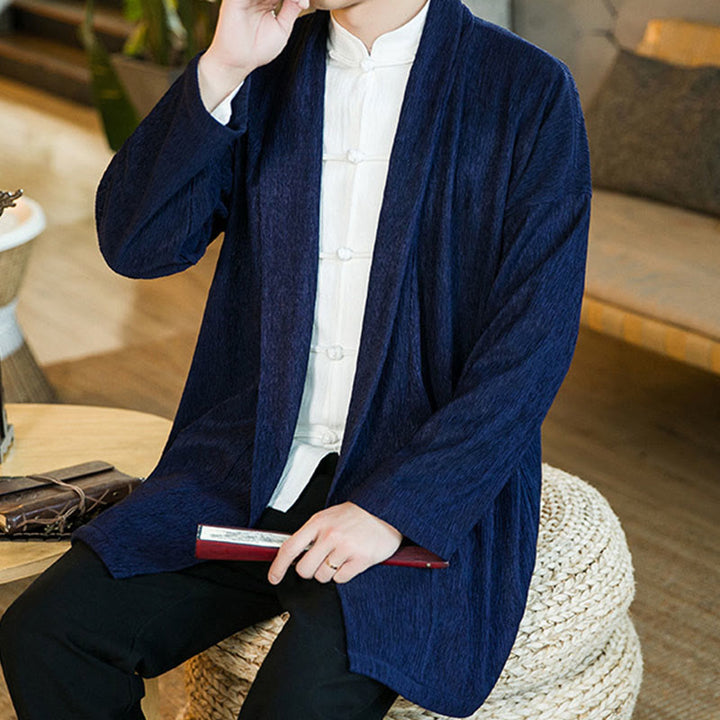 Buddha Stones Spring Pure Color Open Front Cotton Linen Men's Long Sleeve Jacket Kimono - image 17