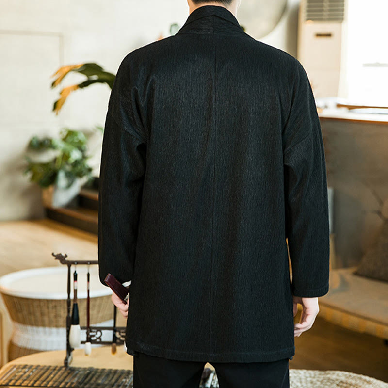 Buddha Stones Spring Pure Color Open Front Cotton Linen Men's Long Sleeve Jacket Kimono - image 3