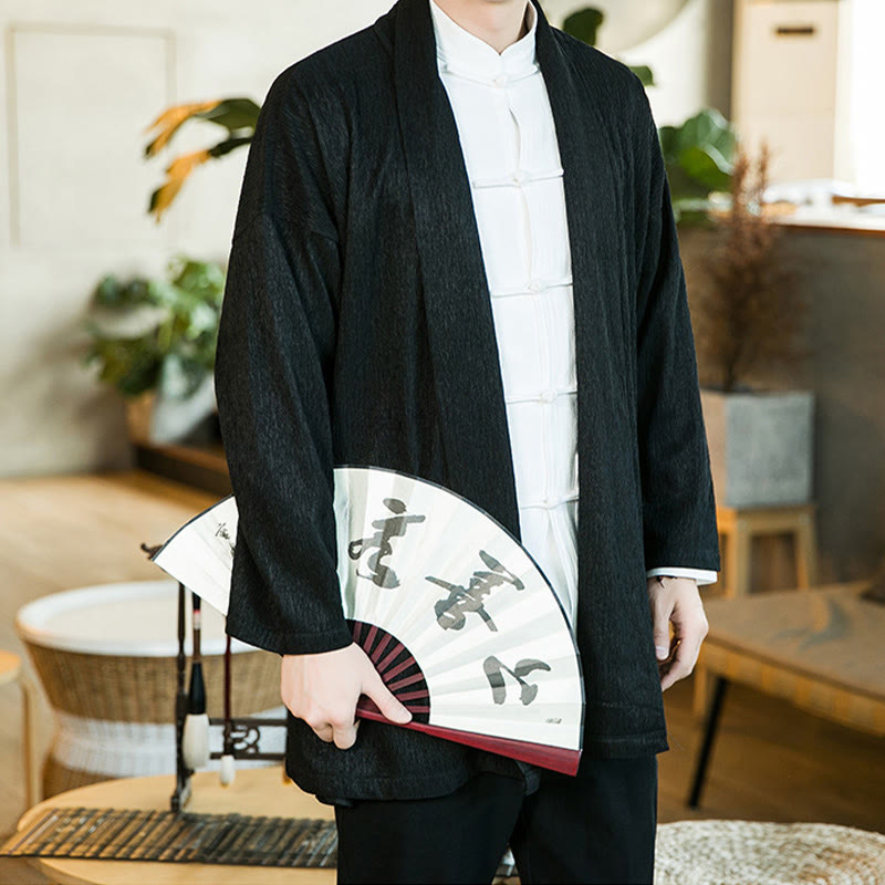 Buddha Stones Spring Pure Color Open Front Cotton Linen Men's Long Sleeve Jacket Kimono - image 2