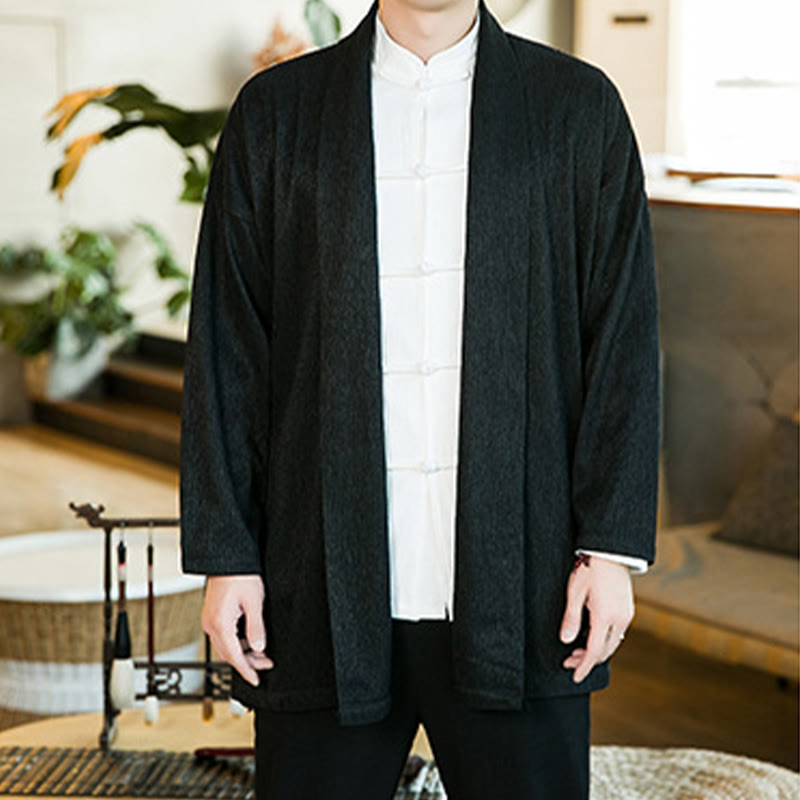 Buddha Stones Spring Pure Color Open Front Cotton Linen Men's Long Sleeve Jacket Kimono - image 5