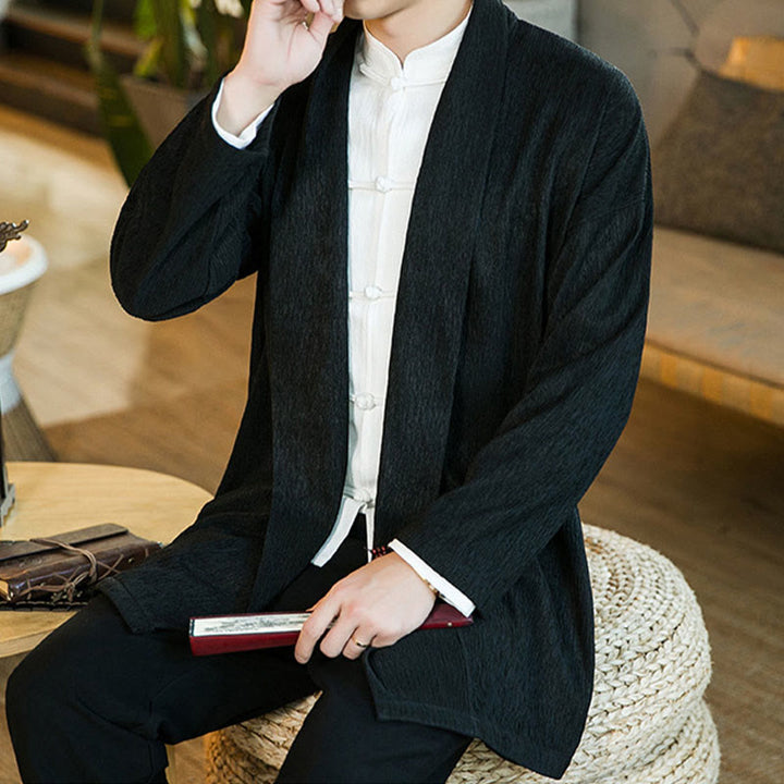 Buddha Stones Spring Pure Color Open Front Cotton Linen Men's Long Sleeve Jacket Kimono - image 8